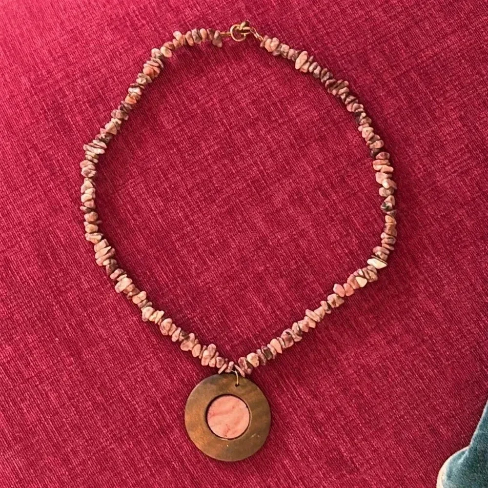 One Of A Kind Handmade Pink White Puka Shell Chip Bead Wood Necklace Made By Me! - Picture 4 of 12